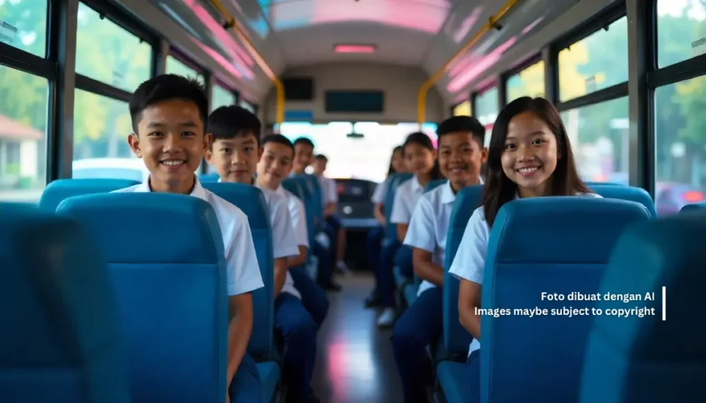 Ilustrasi para pelajar sedang menaiki angkutan sekolah gratis