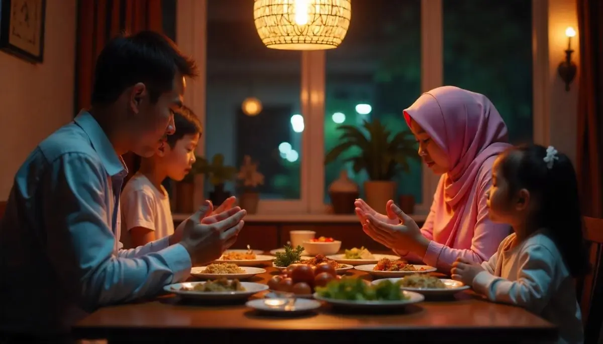 Sebuah keluarga sedang berbuka puasa setelah melihat jadwal buka puasa hari ini