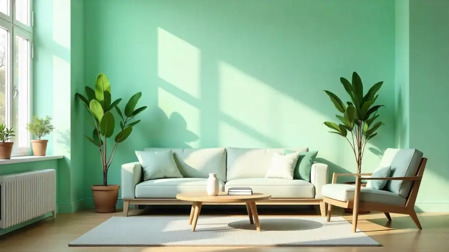 Warna hijau mint tampak segar dipadukan dengan elemen tumbuhan dan kayu