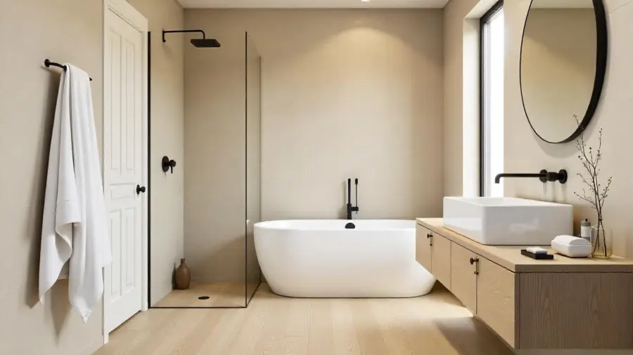 Ide desain kamar mandi menggunakan warna beige
