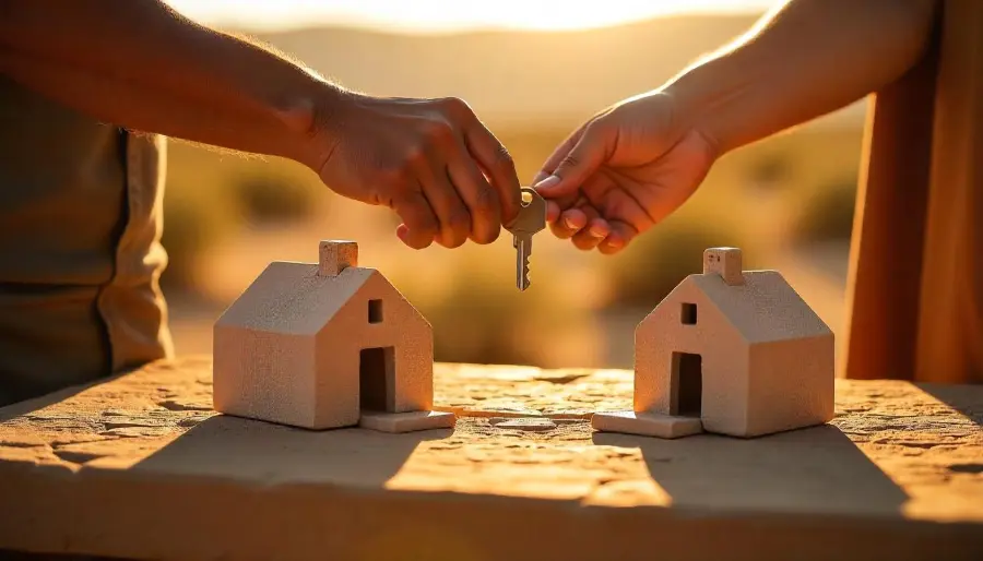 Ilustrasi pemilik properti sedang memberika kunci kepada calon pembeli rumah dengan skema rent to own