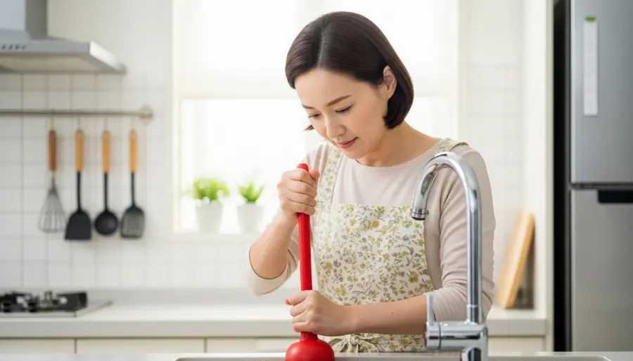 Seorang ibu memperbaiki wastafel tersumbat menggunakan plunger