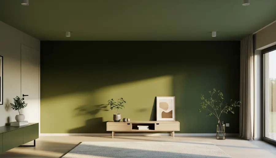 Kombinasi warna hijau earthy (sage dan zaitun) membuat ruangan terasa menenangkan