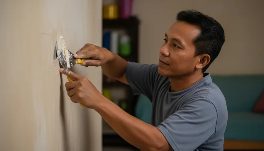 Perbaikan lubang kecil menggunakan dempul dinding