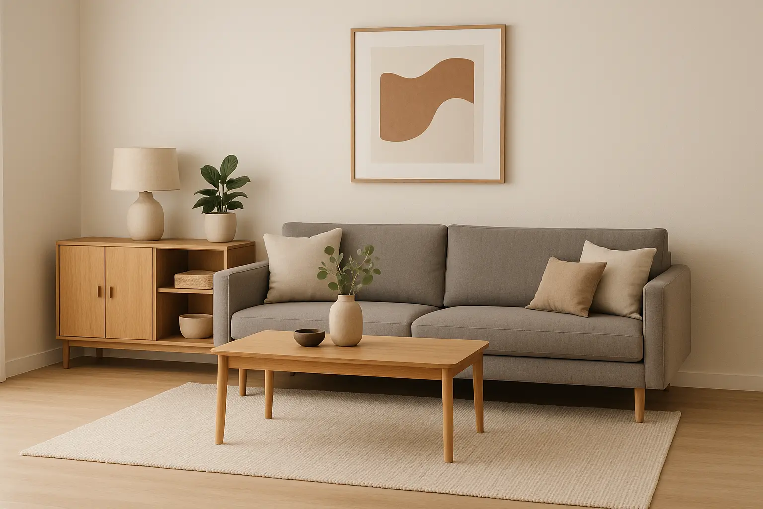 Ruang tamu minimalis dengan palet warna netral dan aksen natural